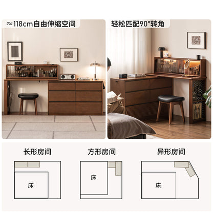 实木化妆桌卧室胡桃色斗柜化妆台现代简约带灯转角梳妆台