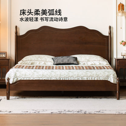 实木床法式复古大板床卧室中古风双人床深胡桃色大床