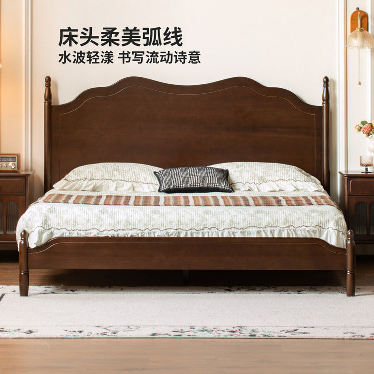 实木床法式复古大板床卧室中古风双人床深胡桃色大床