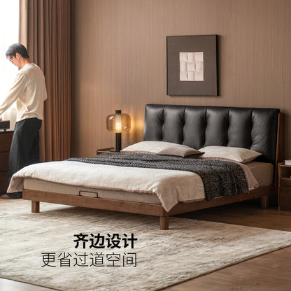 实木床意式轻奢软包床卧室黑色真皮床黑胡桃木双人床