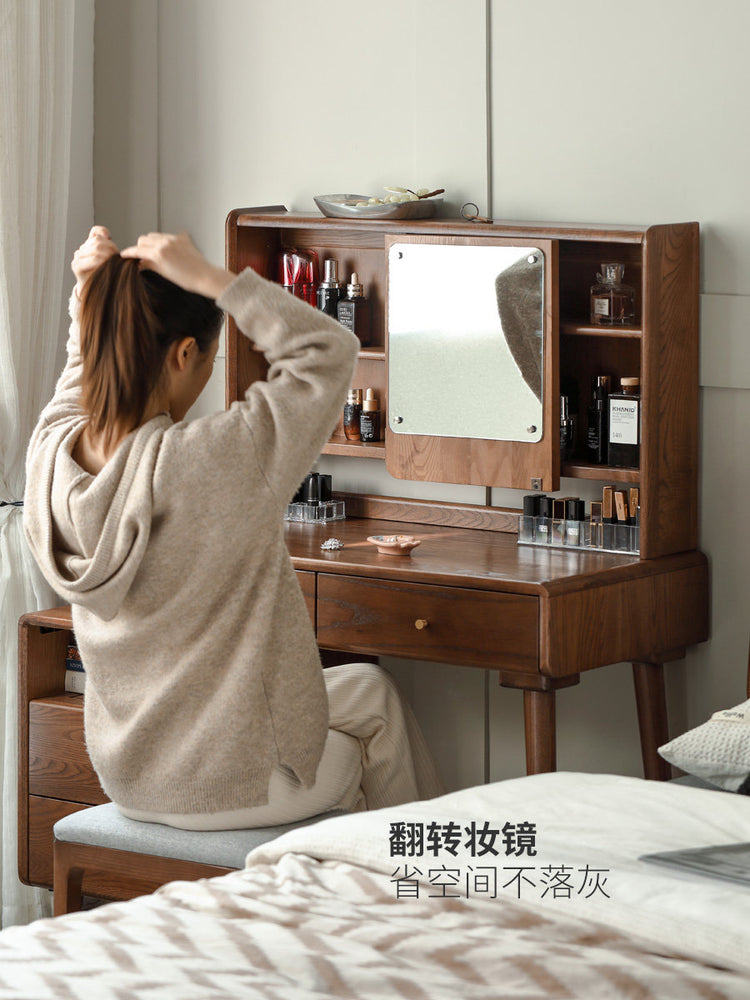 实木化妆桌镜子遮挡简约梳妆台卧室收纳柜一体伸缩化妆台