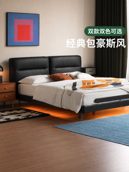 实木床黑色包豪斯中古橡木家具软包床极简卧室双人悬浮床