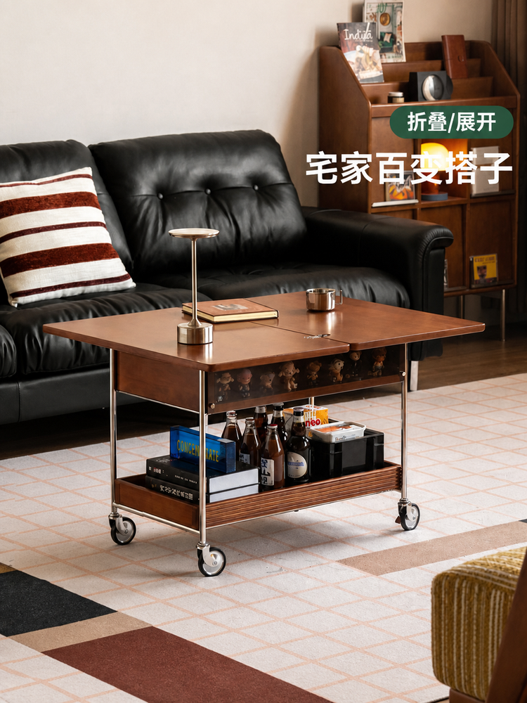 实木折叠茶几客厅包豪斯沙发边桌小户型边几中古移动推车