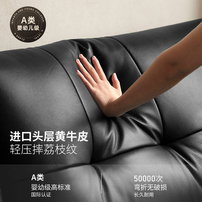 黑色皮艺意式轻奢直排沙发客厅高端大气真皮沙发