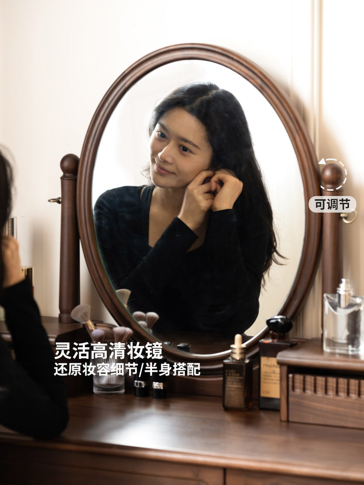 实木梳妆台黑胡桃木化妆桌带镜一体美式复古卧室化妆台