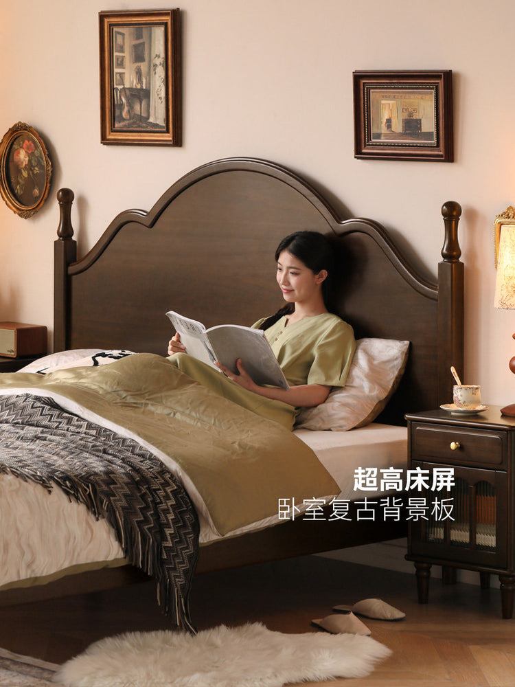 实木床简约中古大板床美式复古卧室深胡桃色双人床