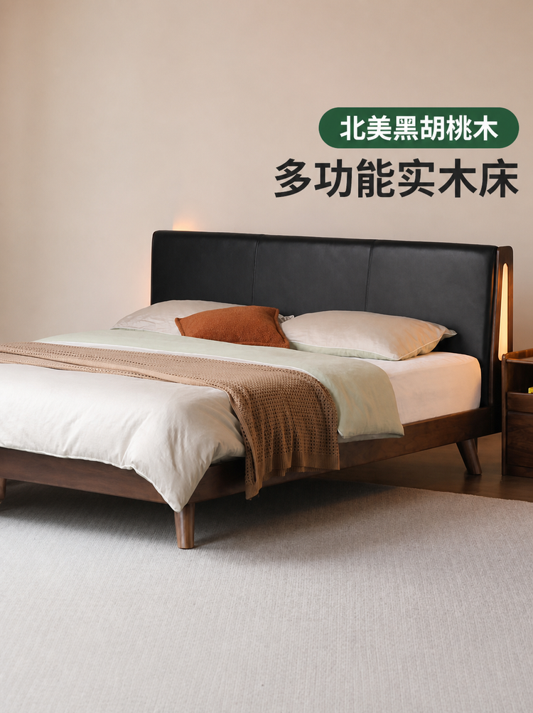 实木床现代简约黑胡桃真皮软包床卧室家具互不干扰双人床