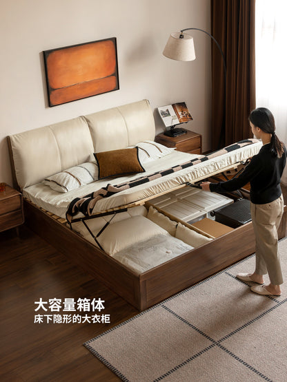 实木床卧室轻奢真皮床互不打扰软靠床黑胡桃木箱体床