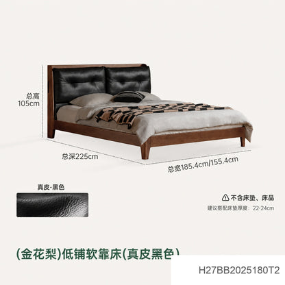 实木床卧室胡桃色双人床中古风真皮床多功能软包床