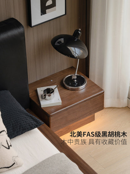 实木床头柜卧室简约现代落地床边柜黑胡桃木带灯储物柜