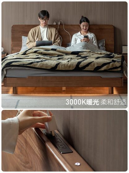 实木床黑胡桃木悬浮床多功能床头夜光床主卧齐边双人床