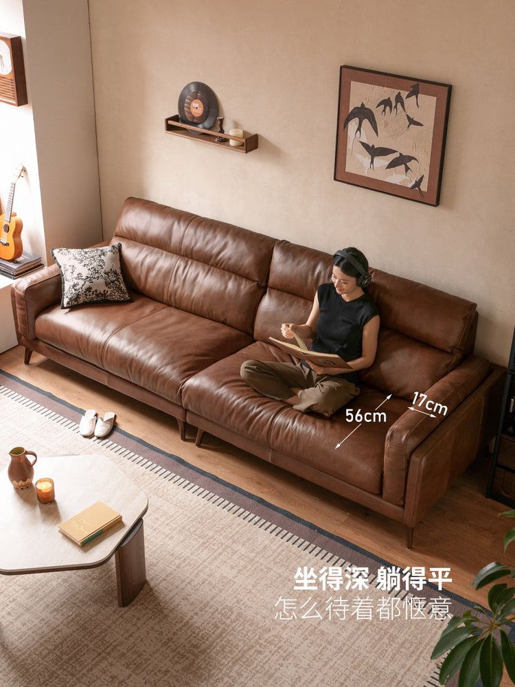 真皮沙发客厅意式轻奢高靠背中古小户型直排沙发