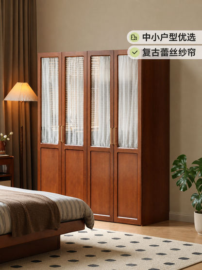 实木衣柜卧室复古衣橱对开门柜子中古风收纳储物柜