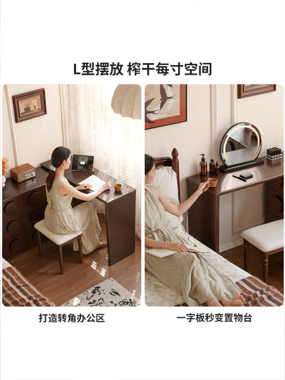 实木化妆桌卧室复古斗柜化妆台一体中古风旋转梳妆台