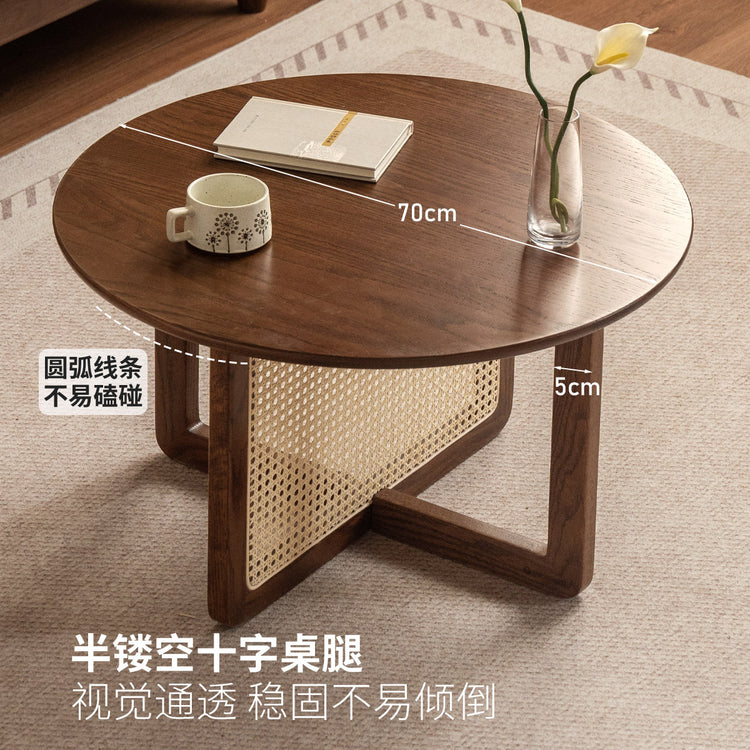 实木茶几客厅现代简约藤编圆几圆形茶台黑胡桃木茶桌
