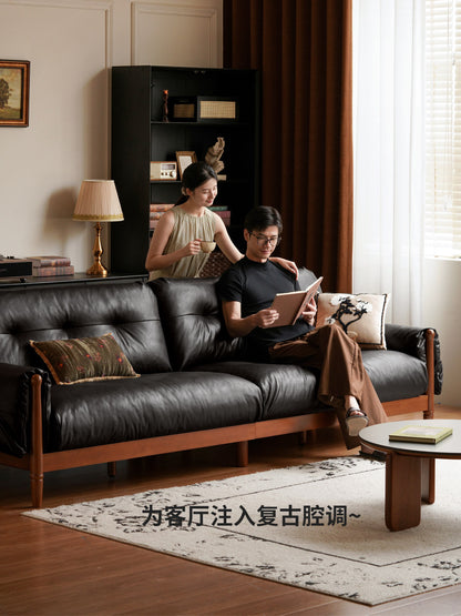 实木客厅美式复古直排沙发小户型黑色真皮沙发