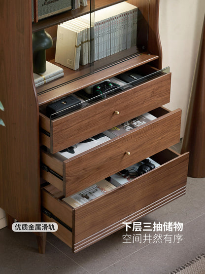 实木书柜轻奢黑胡桃木储物柜书房置物柜带灯展示柜