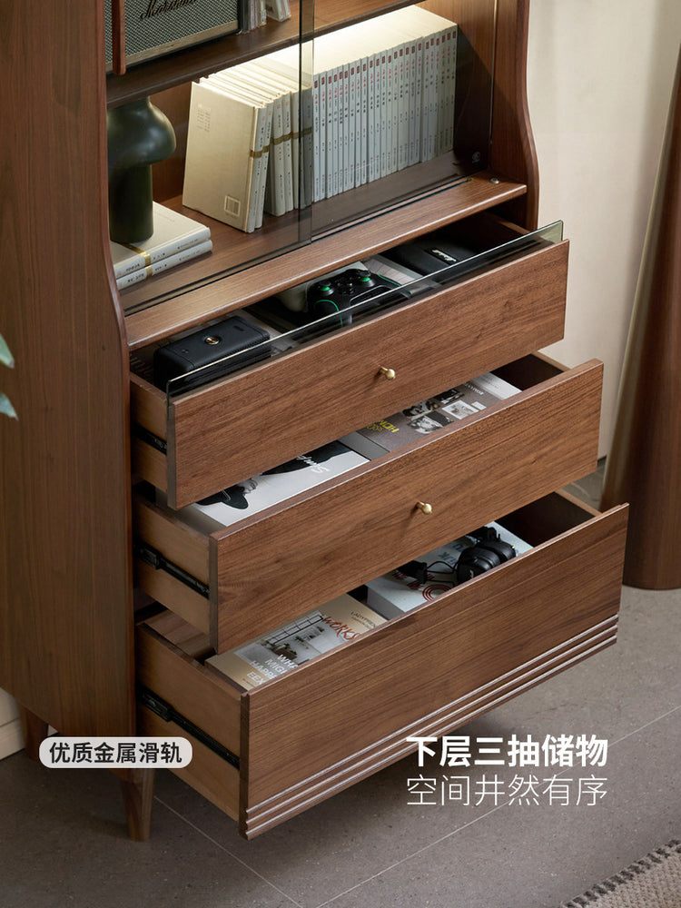 实木书柜轻奢黑胡桃木储物柜书房置物柜带灯展示柜
