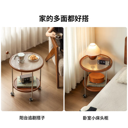 实木边几客厅包豪斯移动圆几中古风小户型双层玻璃小茶几