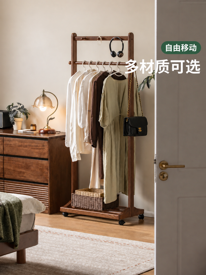 实木挂衣架现代简约胡桃色衣帽架卧室可移动橡木置物架