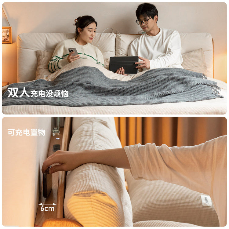 实木床奶油风卧室床头软包箱体床日式双人床多功能夜光床