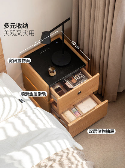 实木床头柜卧室智能带锁储物柜橡木原木风带插座小柜子