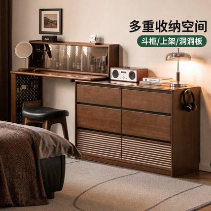 实木化妆桌卧室胡桃色斗柜化妆台现代简约带灯转角梳妆台