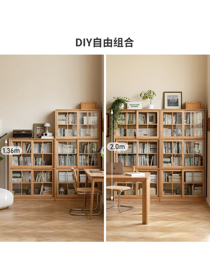 实木书柜落地自由组合带门书架移门展示柜靠墙推拉门书橱