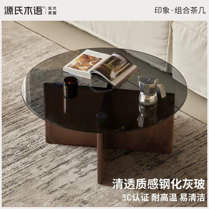 实木茶几现代简约黑胡桃木组合小茶桌客厅小户型圆形茶台