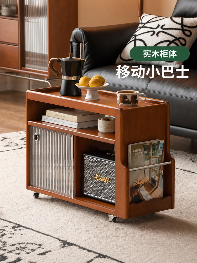 实木边几客厅中古风沙发边柜复古移动茶几收纳小推车
