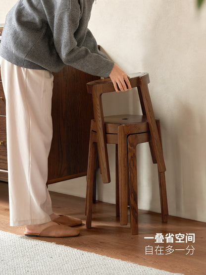 实木叠凳现代餐厅叠放凳胡桃色简约原木凳子圆凳