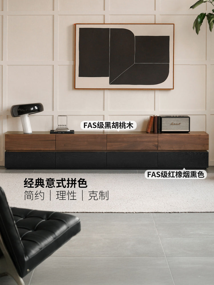 实木电视柜客厅意式极简落地储物柜黑胡桃木拼色地柜