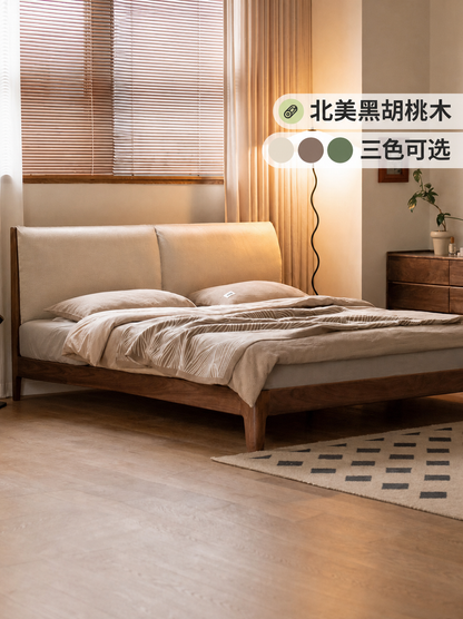 实木床卧室黑胡桃软包大床简约现代互不打扰床双人床