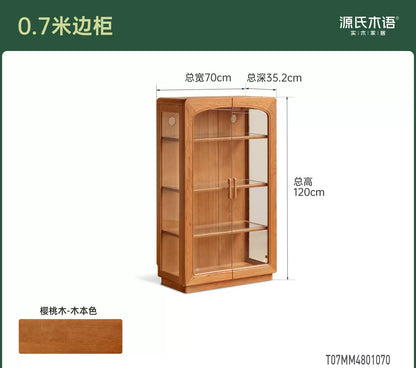 实木边柜客厅樱桃木落地柜复古靠墙置物柜带灯展示柜