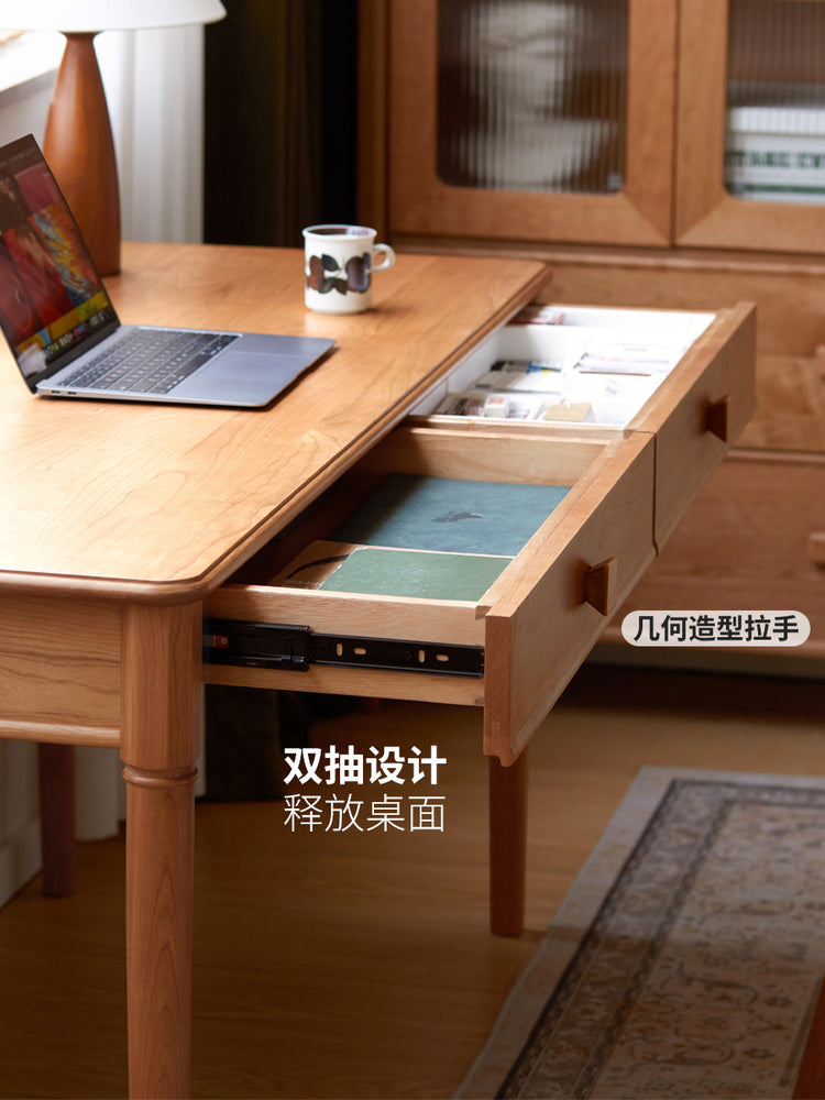 实木樱桃木中古风办公桌书房复古写字桌带抽书桌