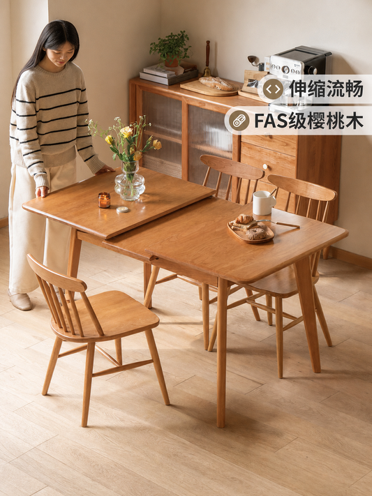 实木伸缩餐桌樱桃木饭桌中古风靠墙桌子小户型办公桌