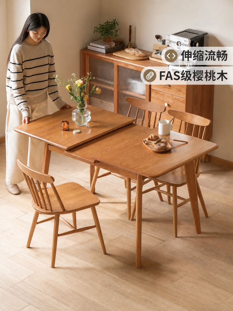 实木伸缩餐桌樱桃木饭桌中古风靠墙桌子小户型办公桌