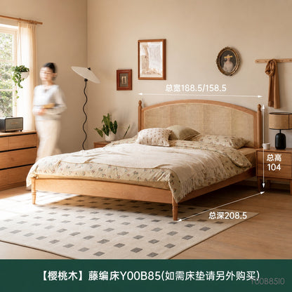 实木床樱桃木复古藤编床简约双人床卧室藤艺家具大床