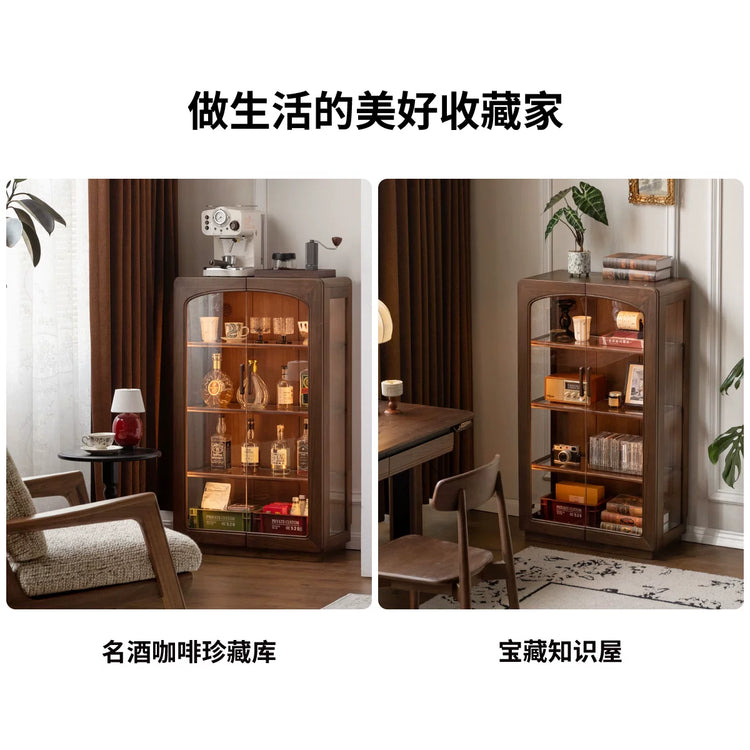实木边柜客厅黑胡桃木手办柜带灯展示柜复古落地置物柜