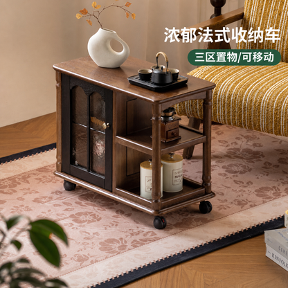实木边几客厅法式复古收纳储物角几橡木小户型移动推车