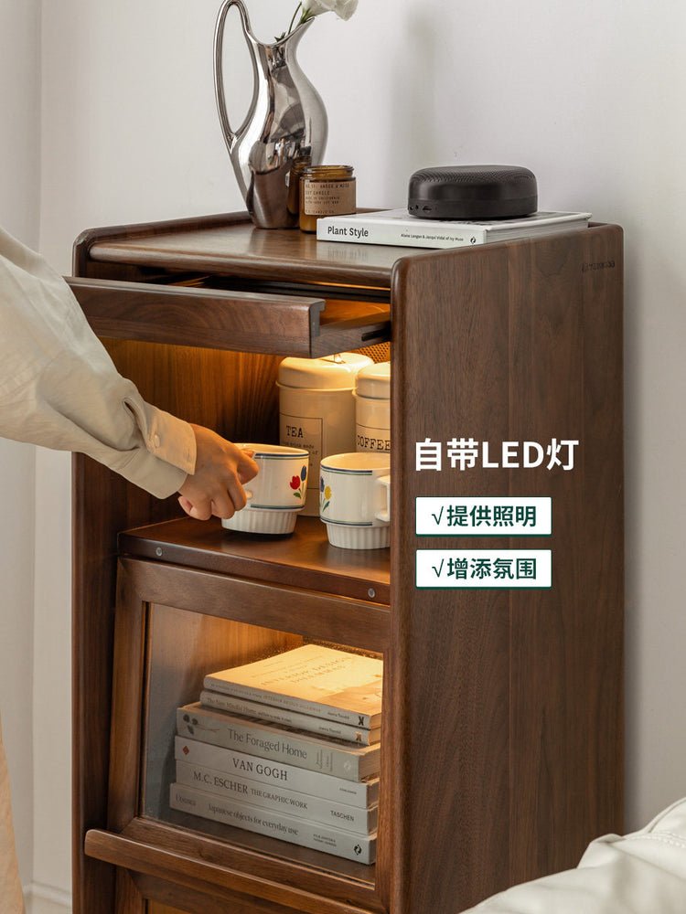 实木边柜现代简约客厅玻璃翻门展示柜黑胡桃木高脚置物柜