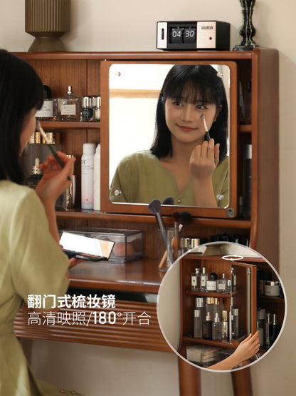 实木化妆桌法式复古带妆镜梳妆台卧室小型中古收纳桌子