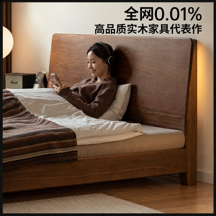 实木床现代简约黑胡桃木悬浮床黑标卧室双人床大床