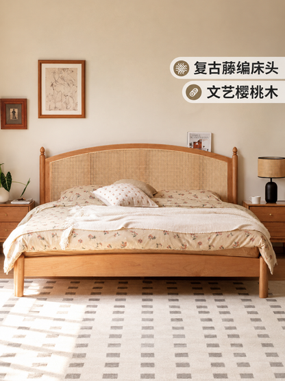 实木床樱桃木复古藤编床简约双人床卧室藤艺家具大床