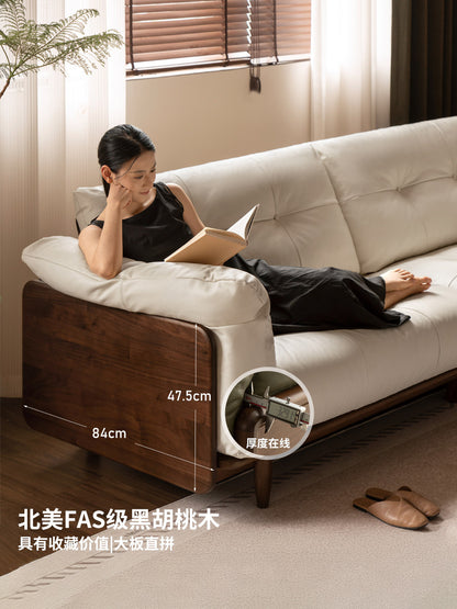 实木客厅意式轻奢真皮沙发三人位黑胡桃木沙发
