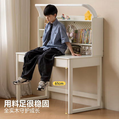 实木儿童学习桌奶油风书桌书架一体桌小学生带灯写字桌
