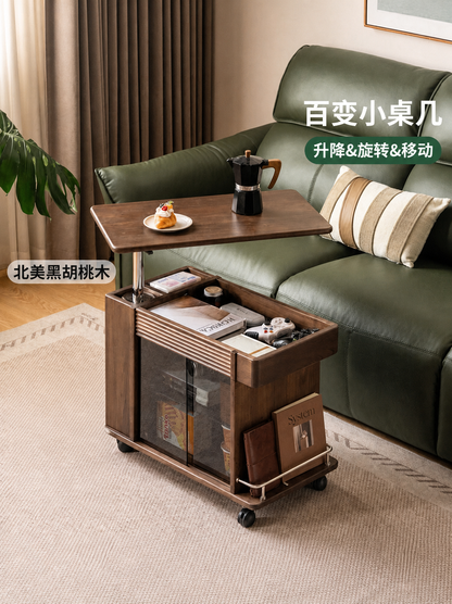 实木升边几客厅意式轻奢沙发边桌黑胡桃木小茶几移动推车