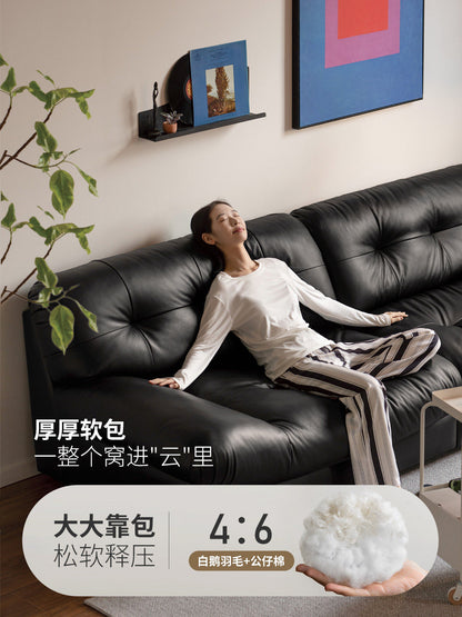 真皮沙发客厅法式落地云朵沙发复古黑色直排皮沙发