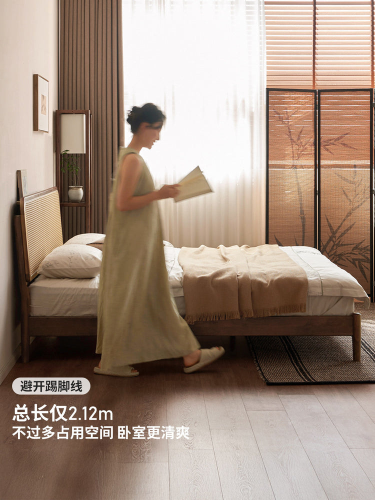 实木床新中式藤编床卧室黑胡桃木大板床小户型双人床