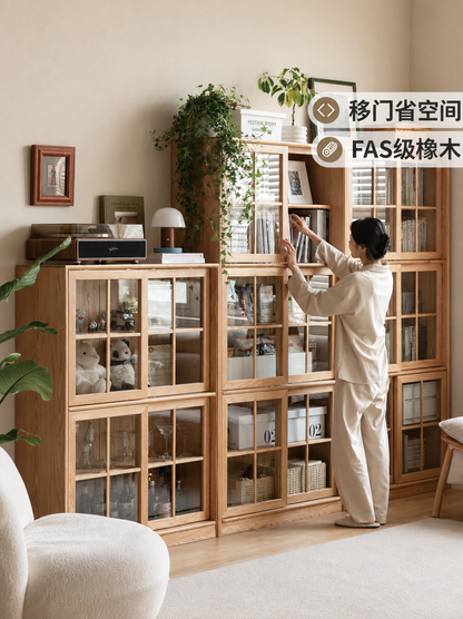 实木书柜落地自由组合带门书架移门展示柜靠墙推拉门书橱